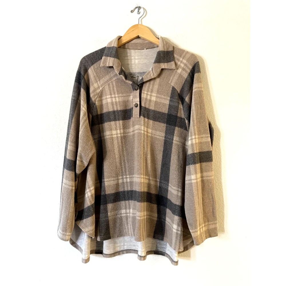 Womens Brushed Plaid High Low Oversized Shirt Top Size XL Brown Gray Long Sleeve